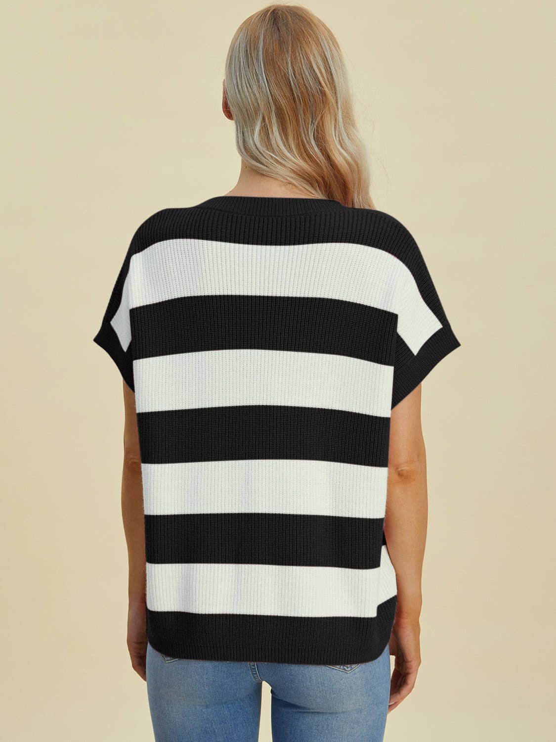 Double Take Full Size Striped V - Neck Short Sleeve Sweater - Loulou Boutique