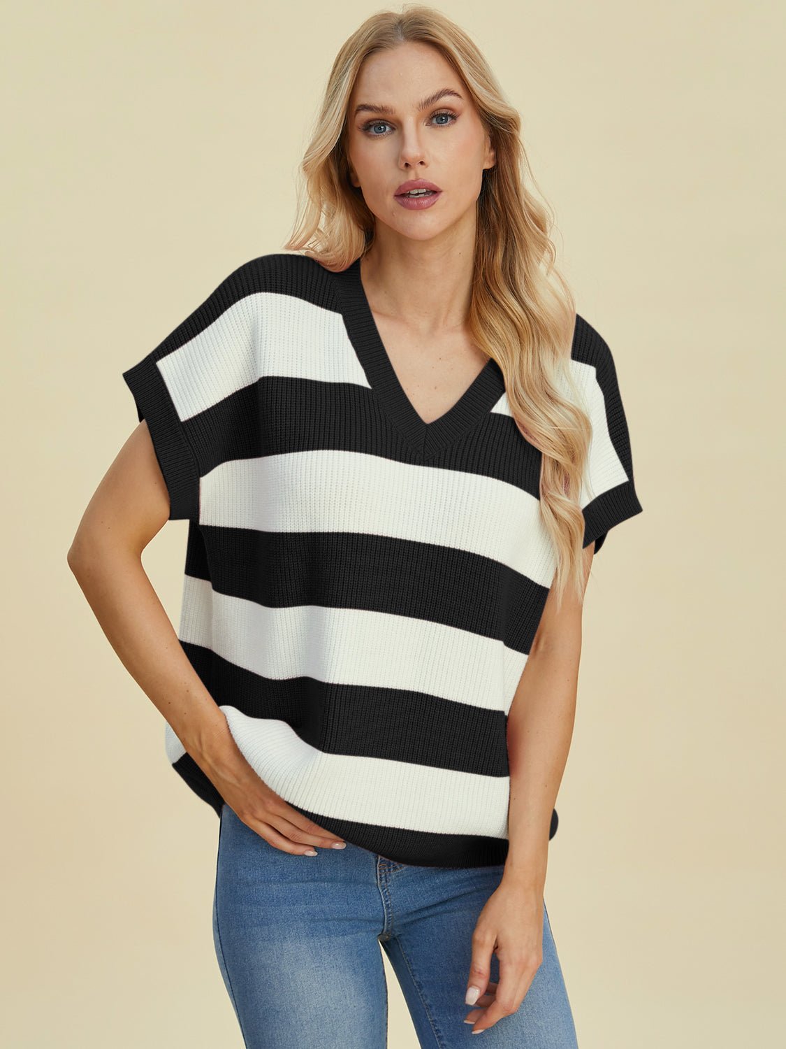 Double Take Full Size Striped V - Neck Short Sleeve Sweater - Loulou Boutique