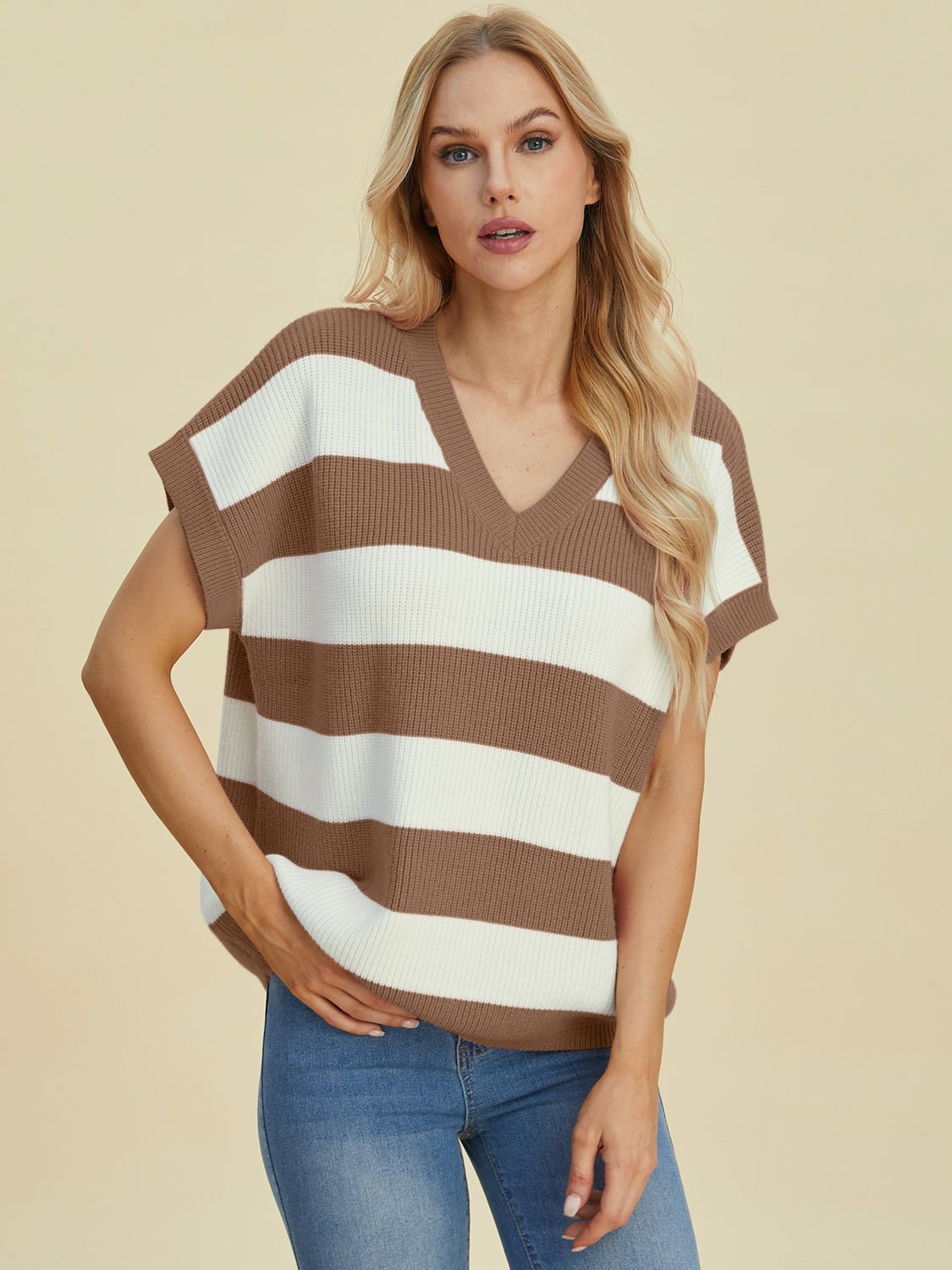 Double Take Full Size Striped V - Neck Short Sleeve Sweater - Loulou Boutique