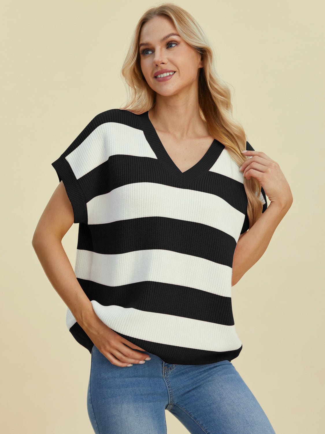 Double Take Full Size Striped V - Neck Short Sleeve Sweater - Loulou Boutique