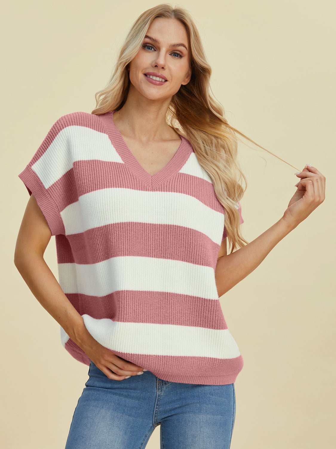 Double Take Full Size Striped V - Neck Short Sleeve Sweater - Loulou Boutique