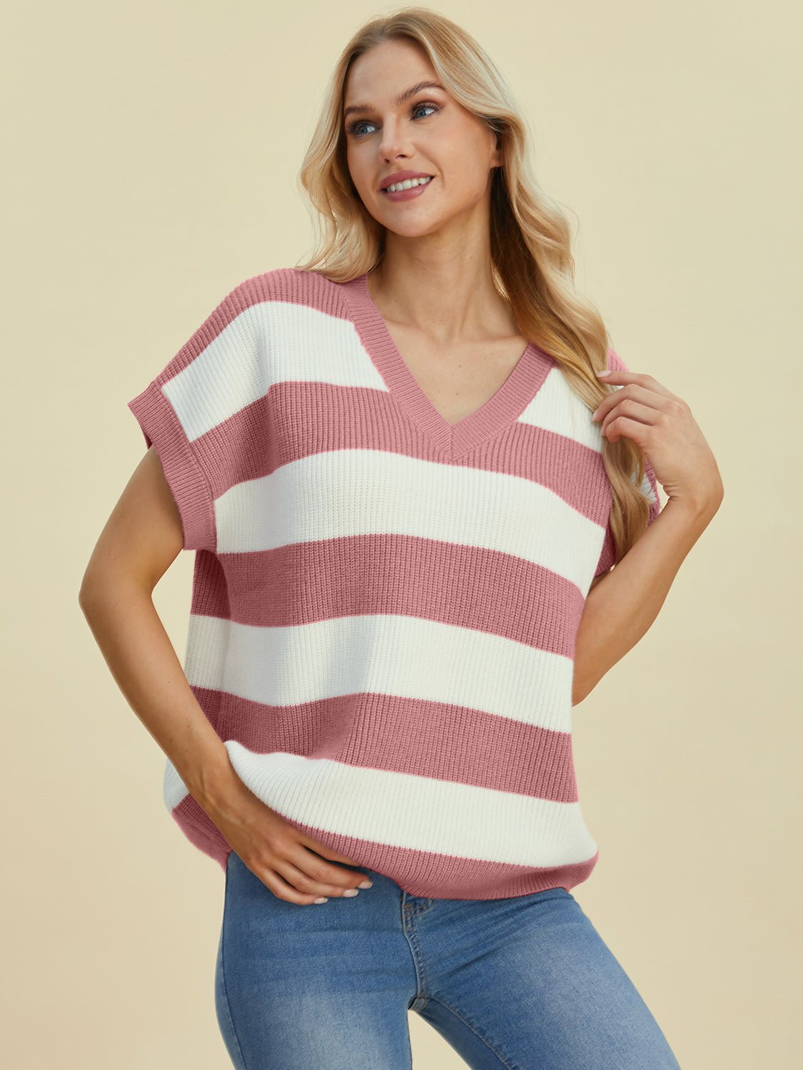 Double Take Full Size Striped V - Neck Short Sleeve Sweater - Loulou Boutique