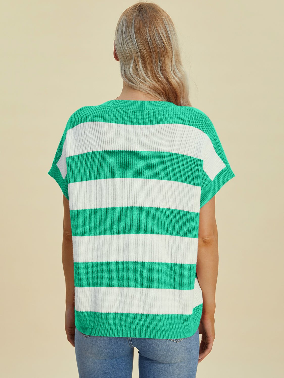 Double Take Full Size Striped V - Neck Short Sleeve Sweater - Loulou Boutique