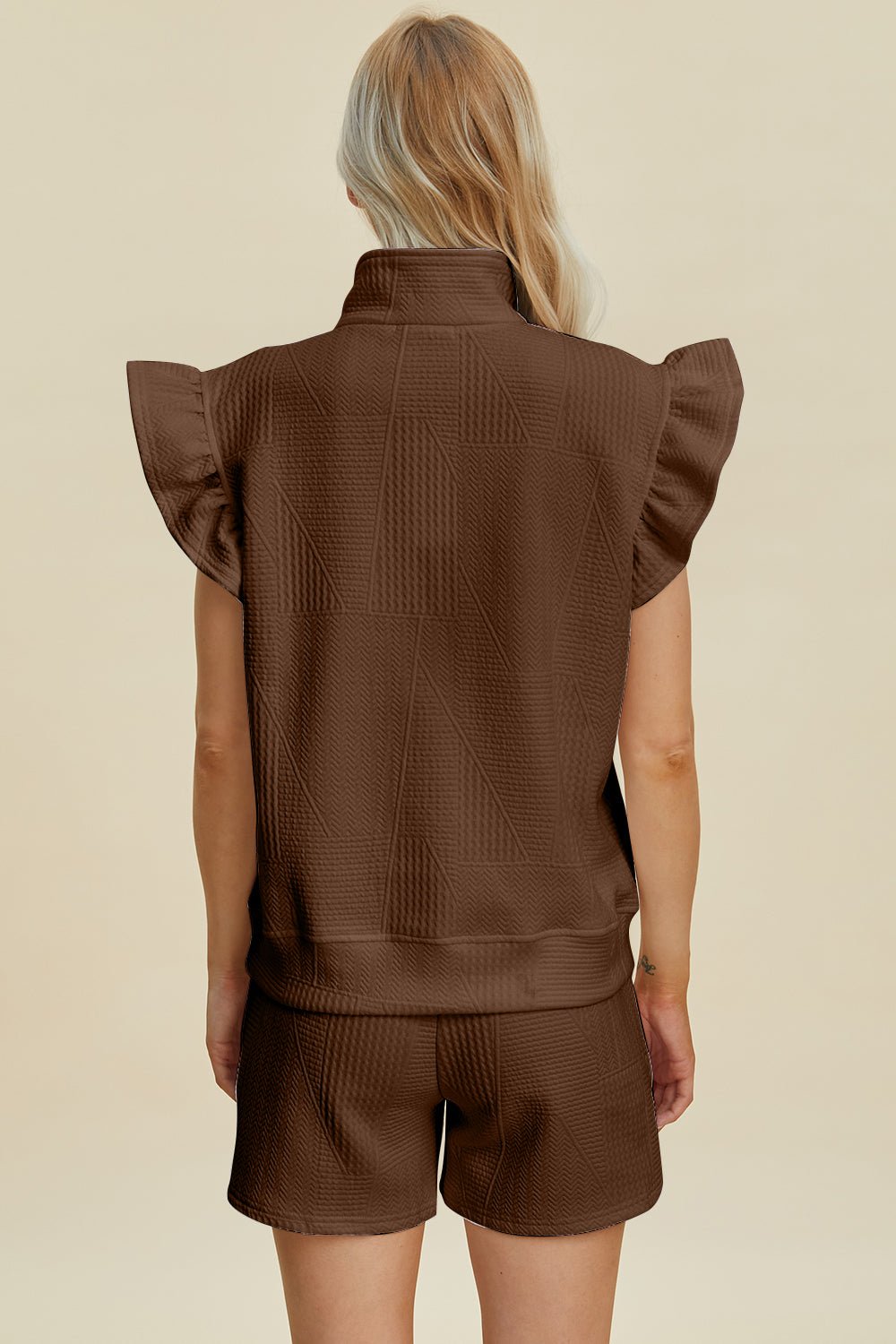 Double Take Full Size Texture Flounce Sleeve Top and Shorts Set - Loulou Boutique