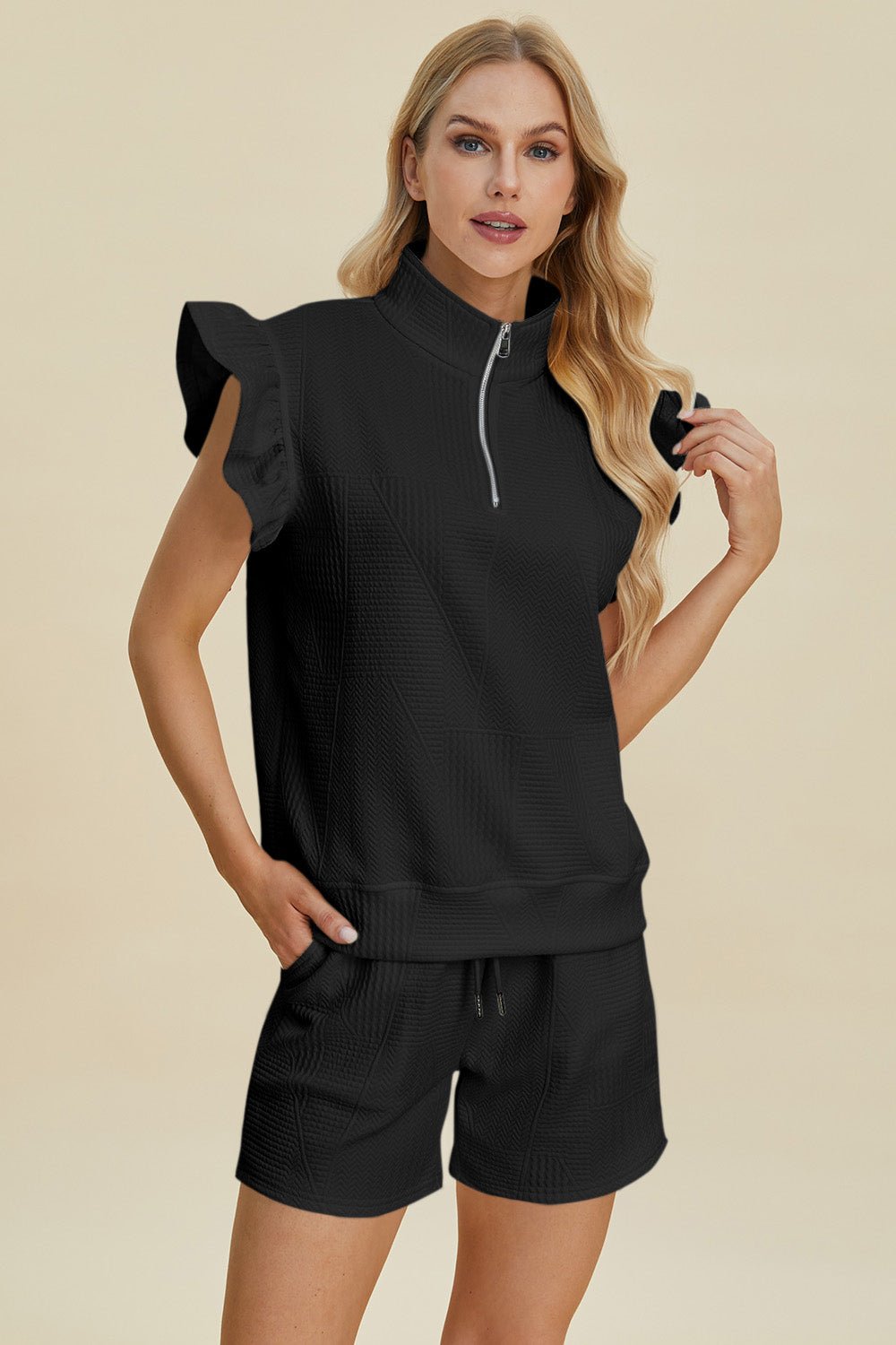Double Take Full Size Texture Flounce Sleeve Top and Shorts Set - Loulou Boutique