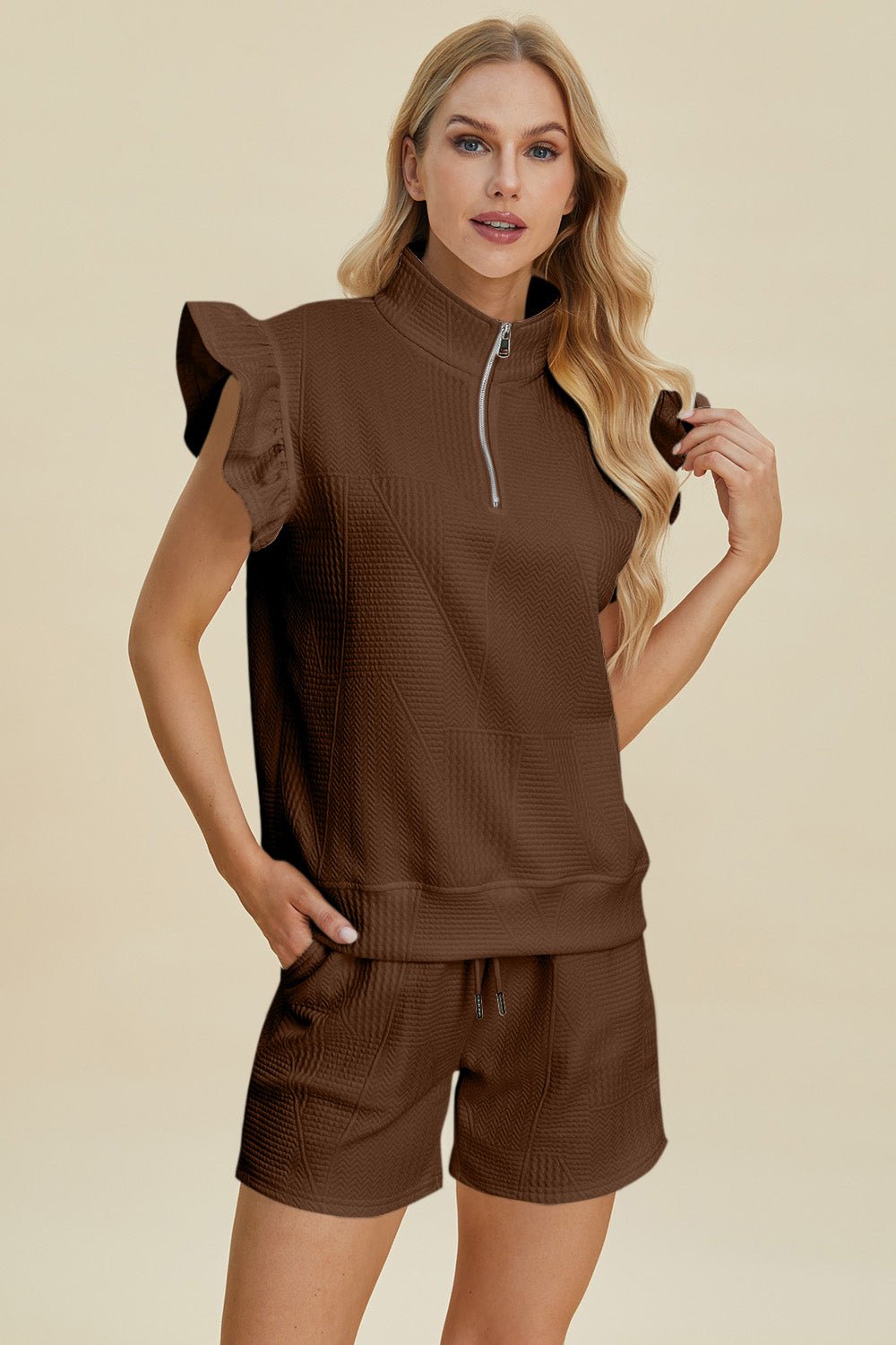 Double Take Full Size Texture Flounce Sleeve Top and Shorts Set - Loulou Boutique