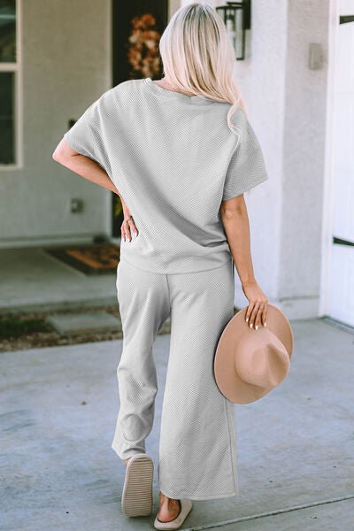 Double Take Full Size Texture Short Sleeve Top and Pants Set - Loulou Boutique