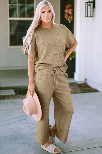 Double Take Full Size Texture Short Sleeve Top and Pants Set - Loulou Boutique
