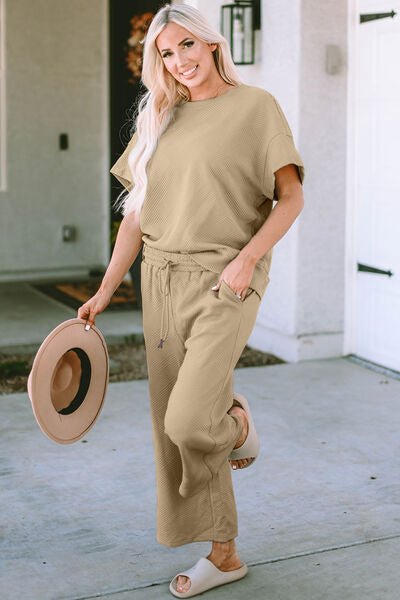 Double Take Full Size Texture Short Sleeve Top and Pants Set - Loulou Boutique