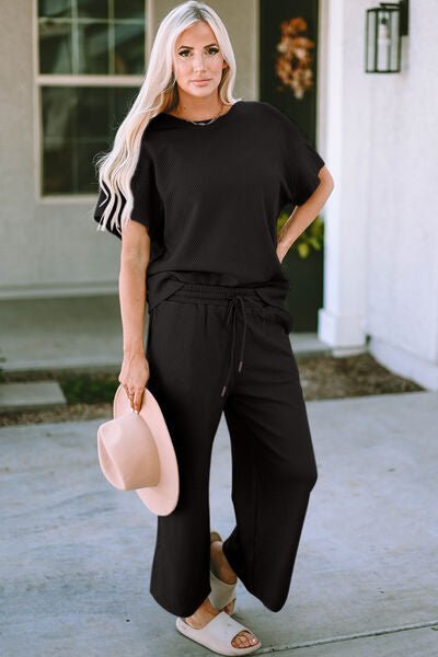 Double Take Full Size Texture Short Sleeve Top and Pants Set - Loulou Boutique