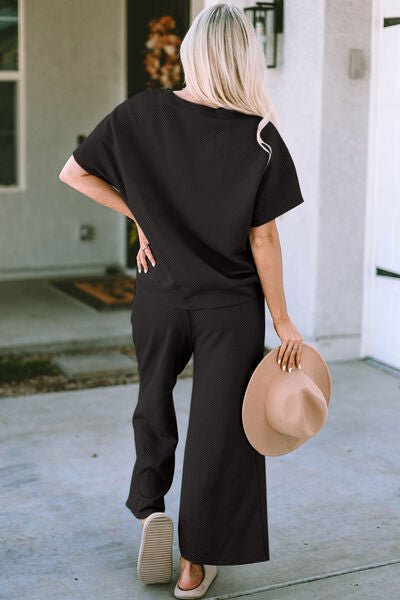 Double Take Full Size Texture Short Sleeve Top and Pants Set - Loulou Boutique