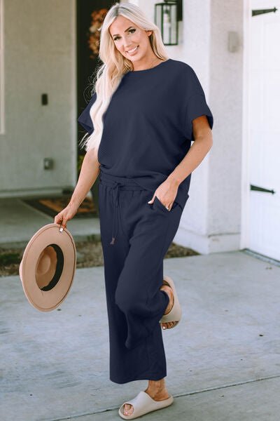 Double Take Full Size Texture Short Sleeve Top and Pants Set - Loulou Boutique