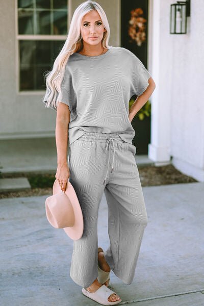 Double Take Full Size Texture Short Sleeve Top and Pants Set - Loulou Boutique