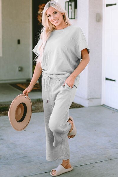 Double Take Full Size Texture Short Sleeve Top and Pants Set - Loulou Boutique