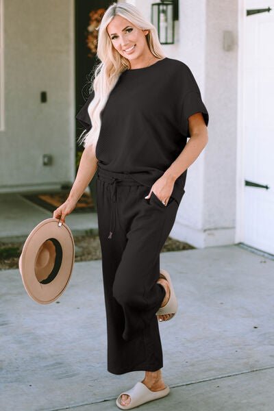 Double Take Full Size Texture Short Sleeve Top and Pants Set - Loulou Boutique