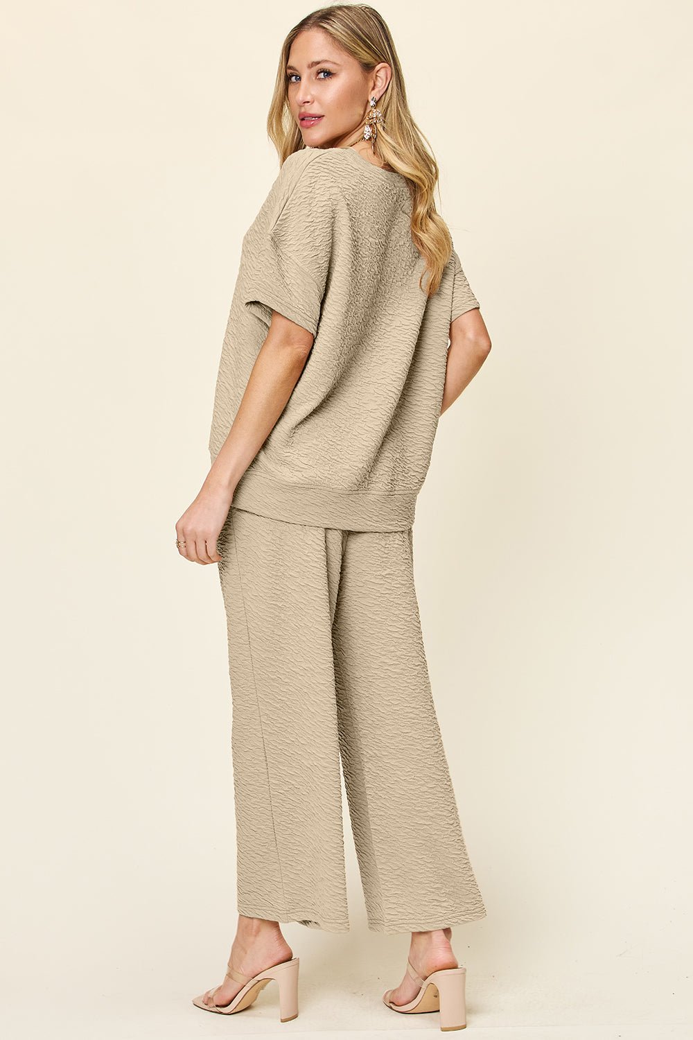Double Take Full Size Texture Short Sleeve Top and Pants Set - Loulou Boutique