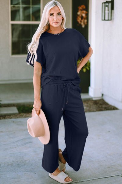 Double Take Full Size Texture Short Sleeve Top and Pants Set - Loulou Boutique
