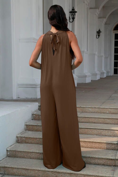 Double Take Full Size Tie Back Cutout Sleeveless Jumpsuit - Loulou Boutique