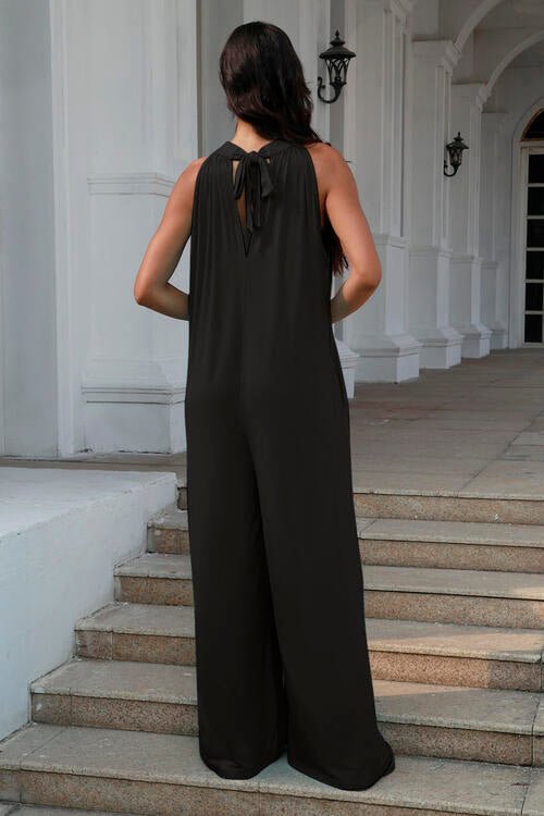 Double Take Full Size Tie Back Cutout Sleeveless Jumpsuit - Loulou Boutique