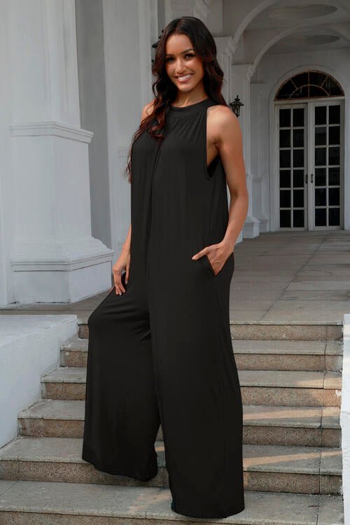 Double Take Full Size Tie Back Cutout Sleeveless Jumpsuit - Loulou Boutique
