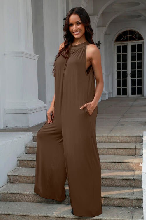Double Take Full Size Tie Back Cutout Sleeveless Jumpsuit - Loulou Boutique