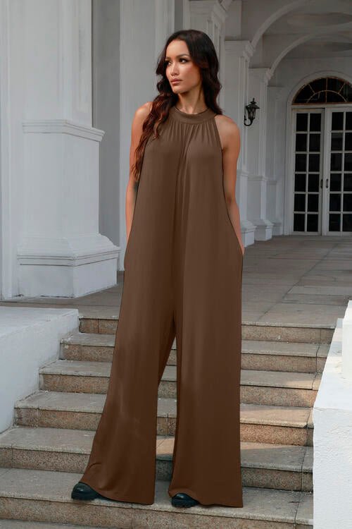 Double Take Full Size Tie Back Cutout Sleeveless Jumpsuit - Loulou Boutique