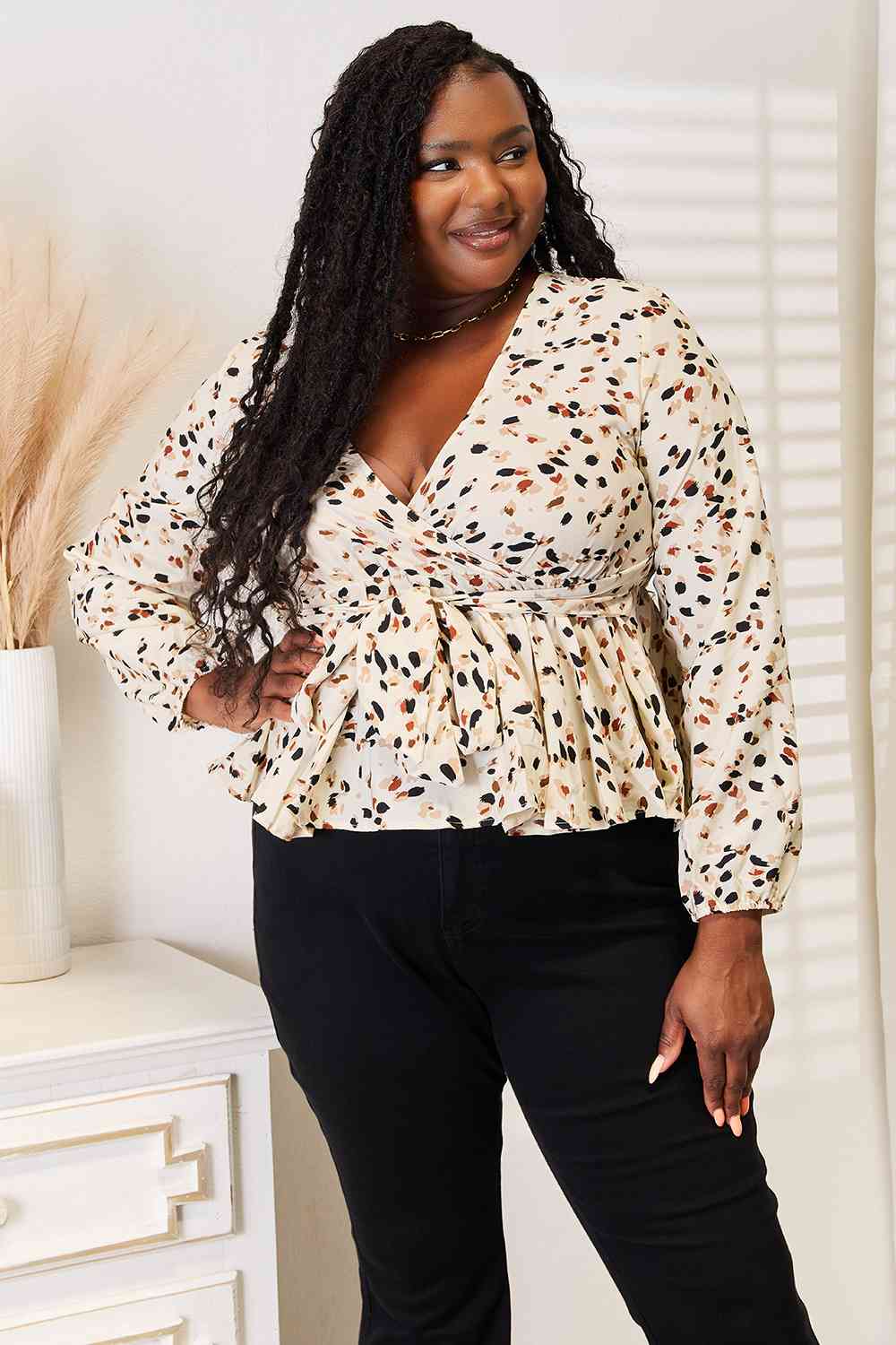 Double Take Printed Tied Plunge Peplum Blouse - Loulou Boutique