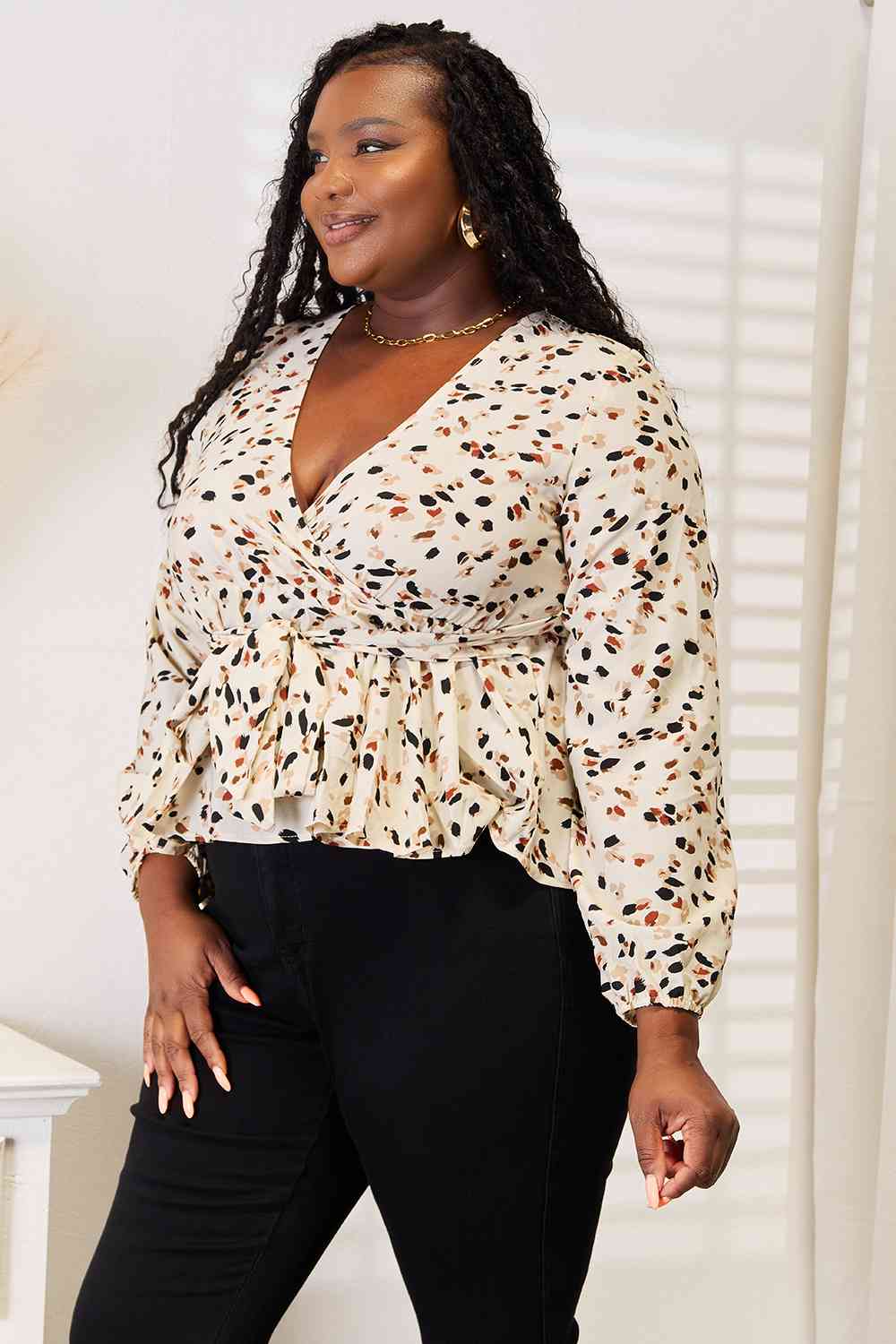 Double Take Printed Tied Plunge Peplum Blouse - Loulou Boutique