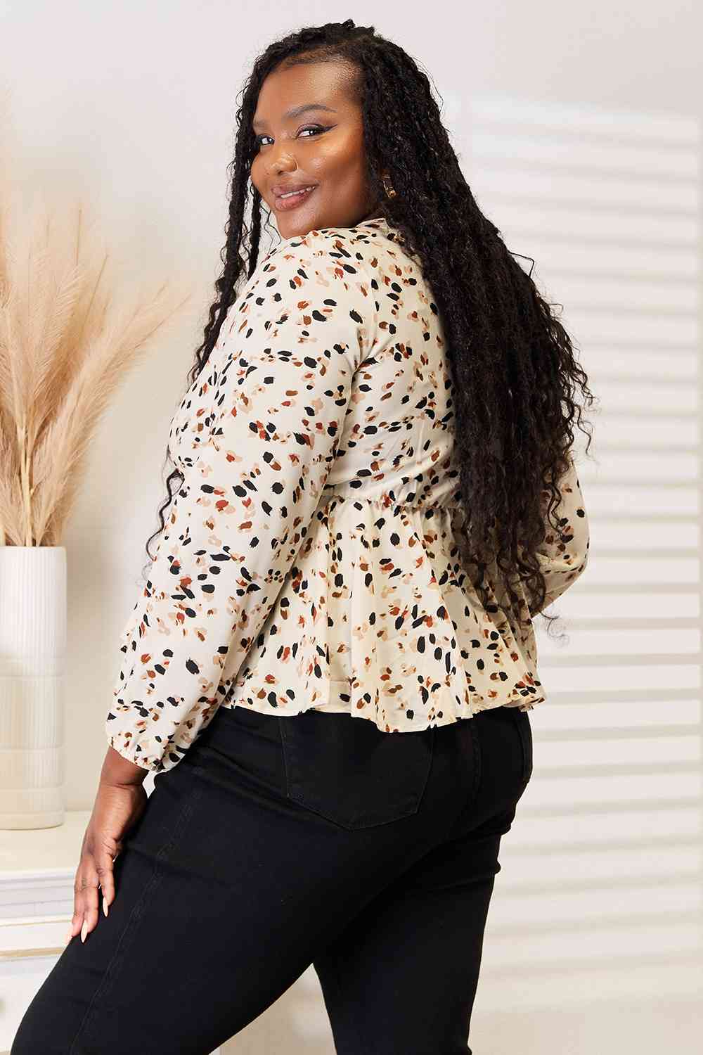 Double Take Printed Tied Plunge Peplum Blouse - Loulou Boutique