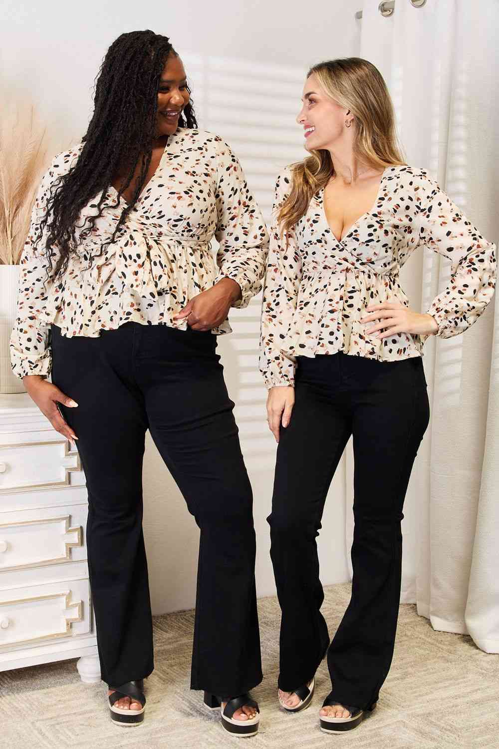 Double Take Printed Tied Plunge Peplum Blouse - Loulou Boutique