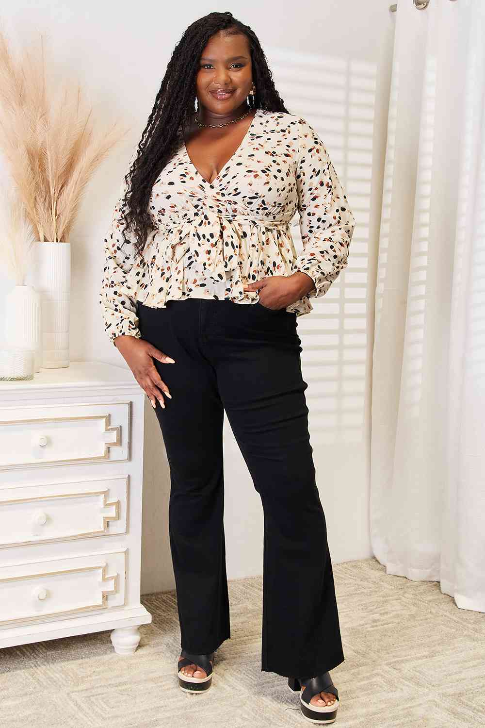 Double Take Printed Tied Plunge Peplum Blouse - Loulou Boutique