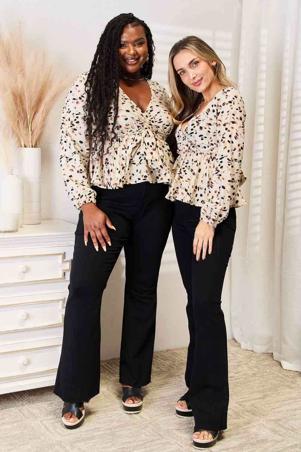 Double Take Printed Tied Plunge Peplum Blouse - Loulou Boutique
