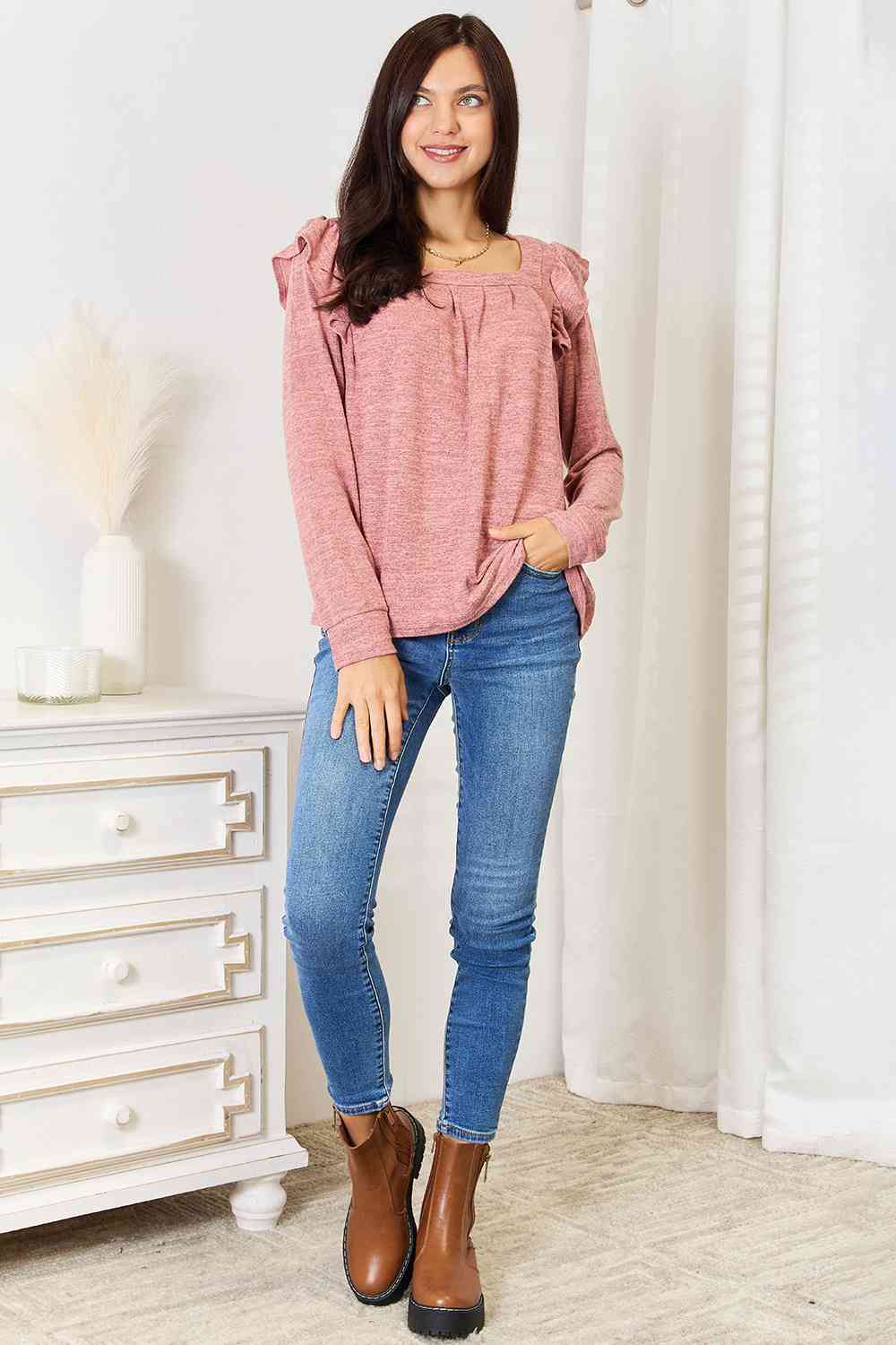 Double Take Square Neck Ruffle Shoulder Long Sleeve T - Shirt - Loulou Boutique