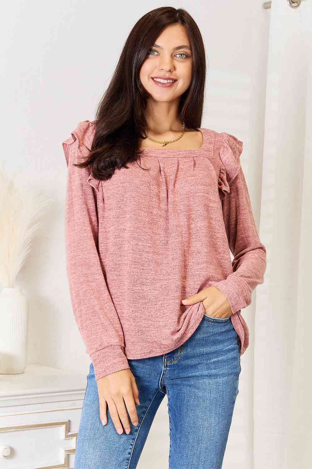 Double Take Square Neck Ruffle Shoulder Long Sleeve T - Shirt - Loulou Boutique