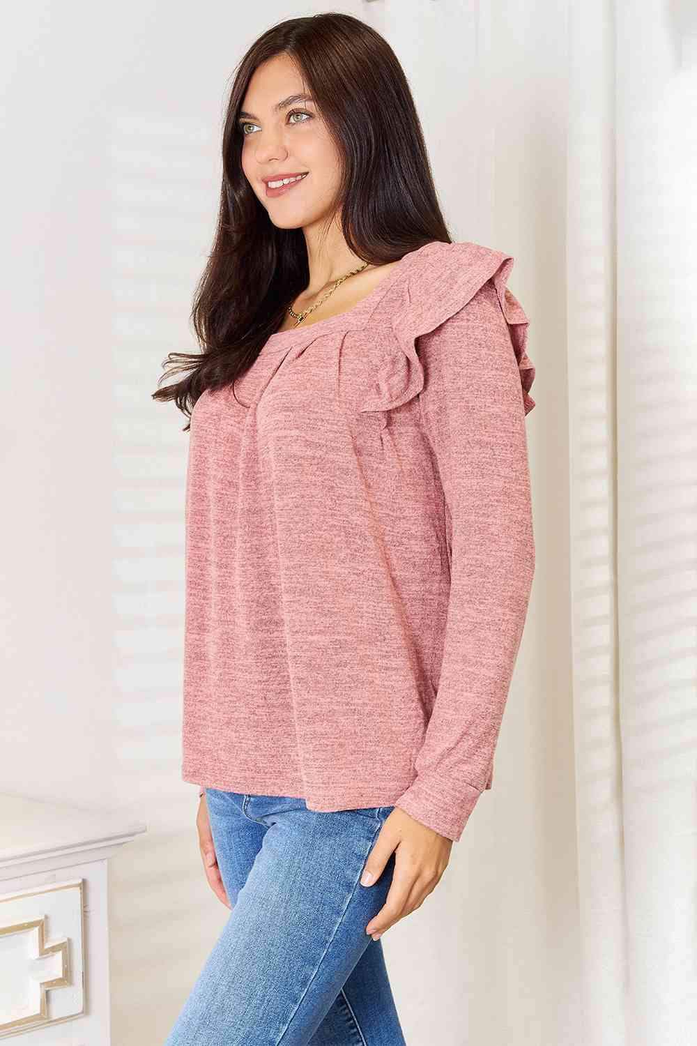 Double Take Square Neck Ruffle Shoulder Long Sleeve T - Shirt - Loulou Boutique