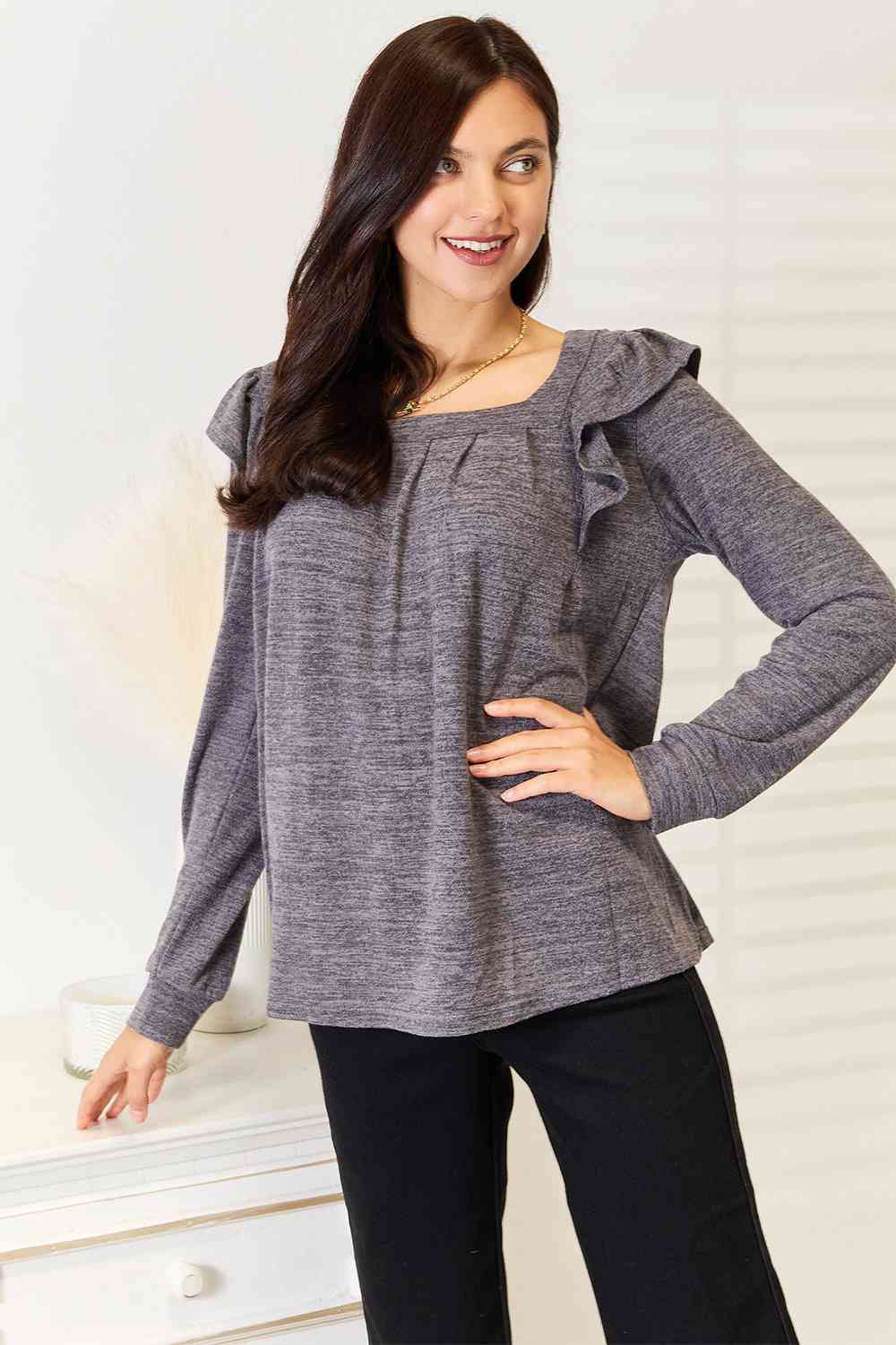 Double Take Square Neck Ruffle Shoulder Long Sleeve T - Shirt - Loulou Boutique