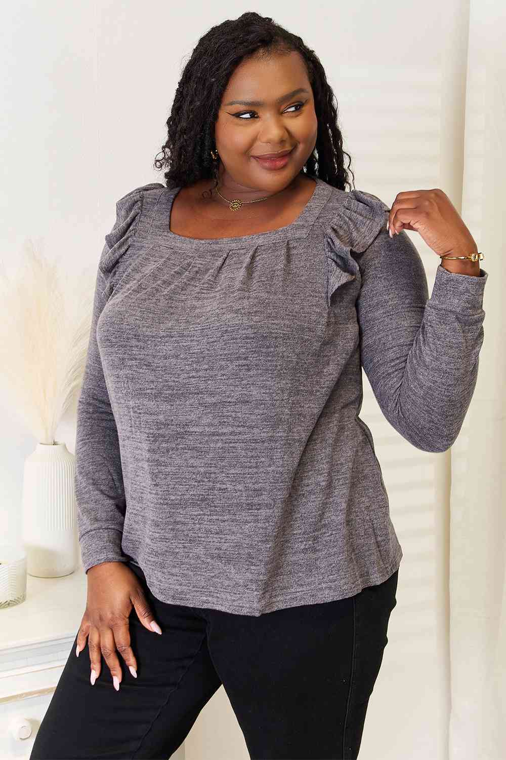 Double Take Square Neck Ruffle Shoulder Long Sleeve T - Shirt - Loulou Boutique