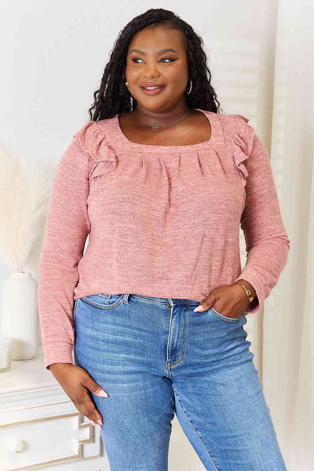 Double Take Square Neck Ruffle Shoulder Long Sleeve T - Shirt - Loulou Boutique