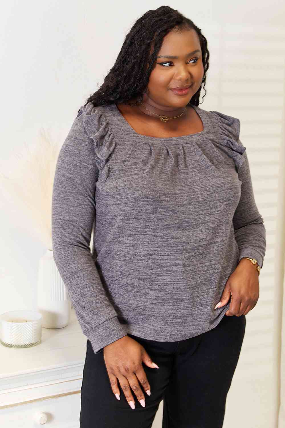 Double Take Square Neck Ruffle Shoulder Long Sleeve T - Shirt - Loulou Boutique