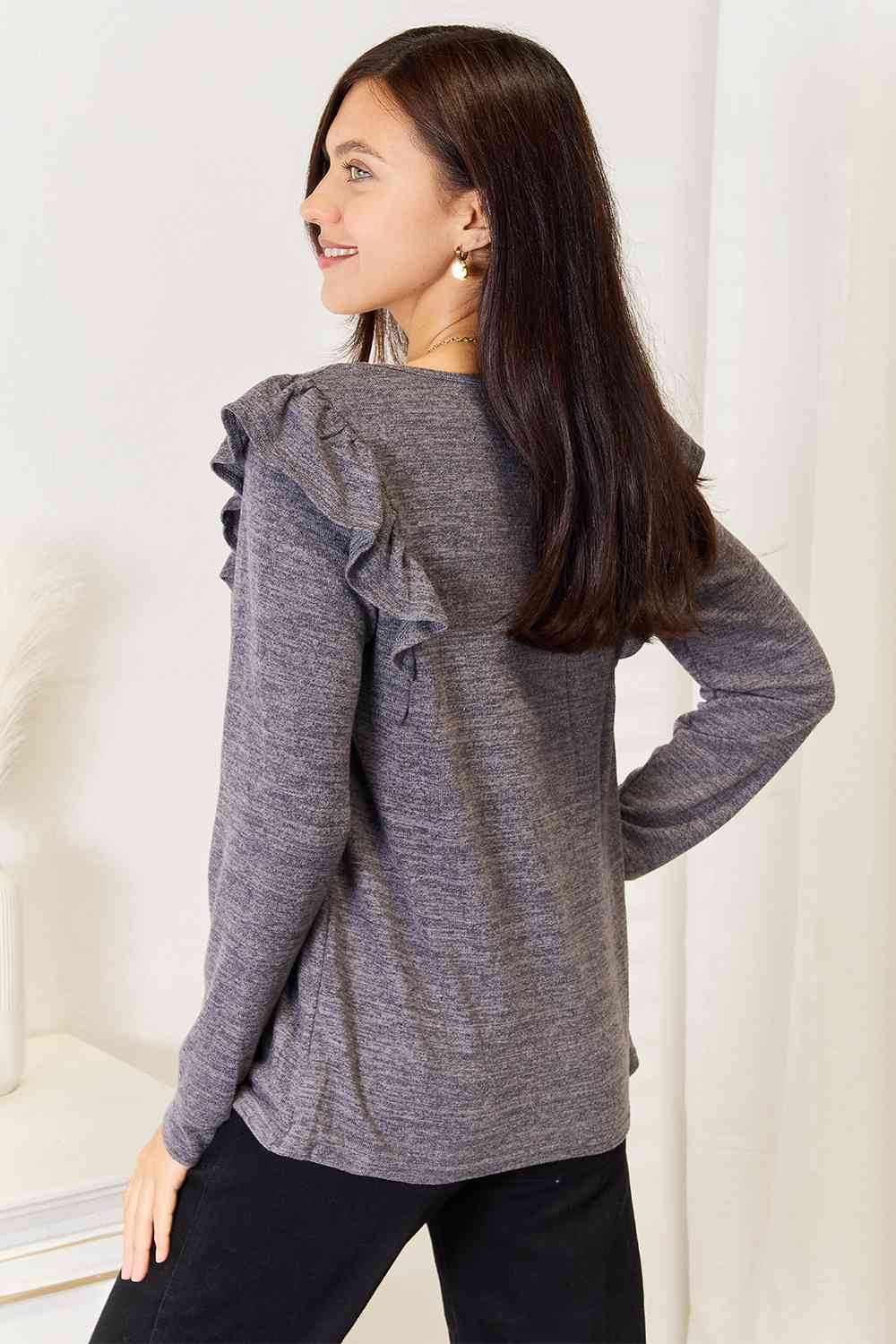 Double Take Square Neck Ruffle Shoulder Long Sleeve T - Shirt - Loulou Boutique