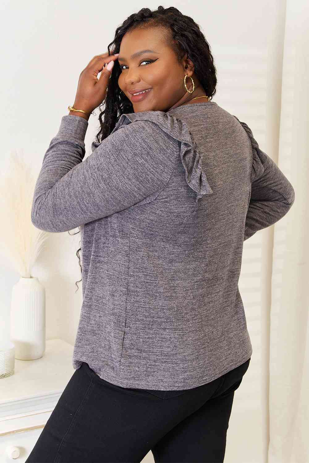 Double Take Square Neck Ruffle Shoulder Long Sleeve T - Shirt - Loulou Boutique