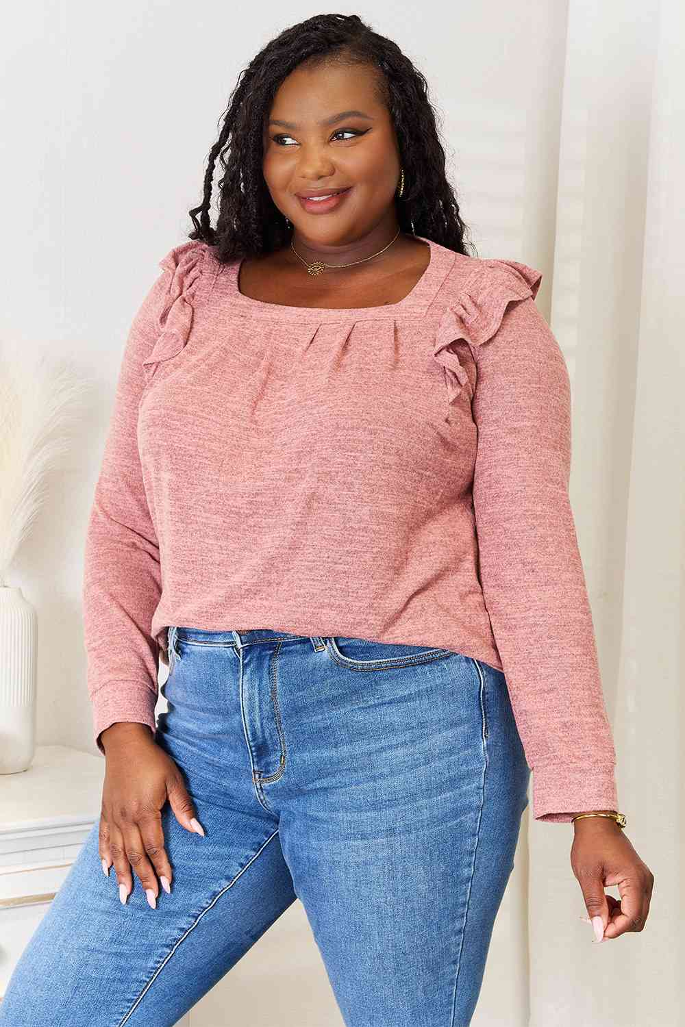 Double Take Square Neck Ruffle Shoulder Long Sleeve T - Shirt - Loulou Boutique