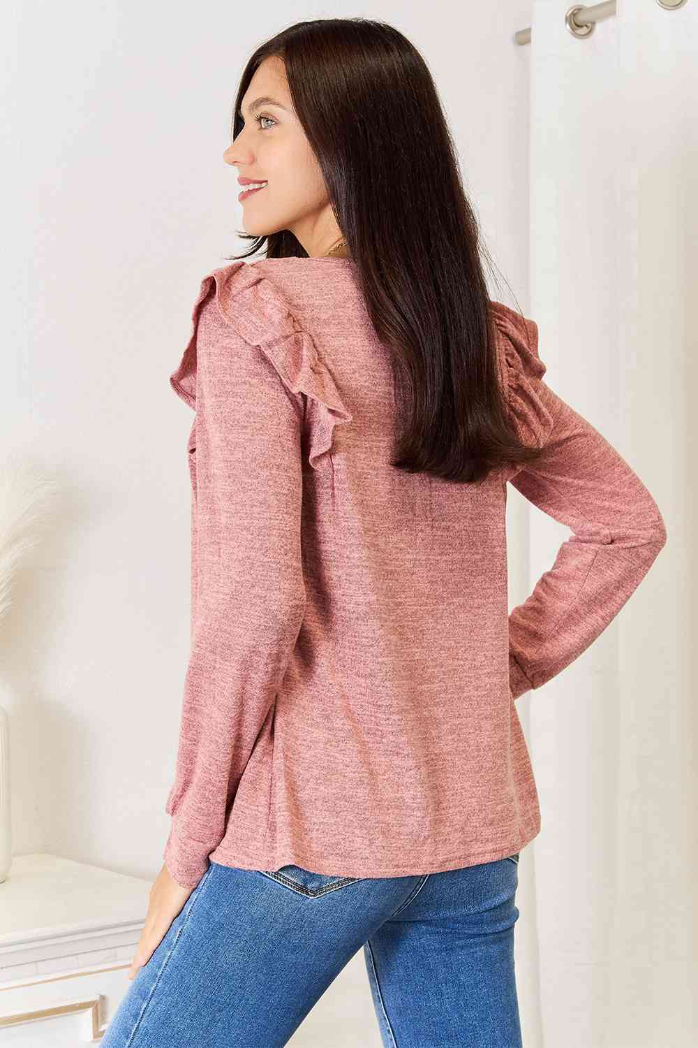 Double Take Square Neck Ruffle Shoulder Long Sleeve T - Shirt - Loulou Boutique