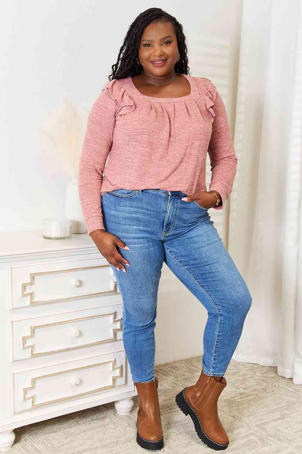 Double Take Square Neck Ruffle Shoulder Long Sleeve T - Shirt - Loulou Boutique