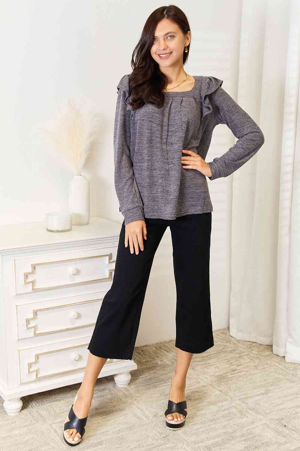 Double Take Square Neck Ruffle Shoulder Long Sleeve T - Shirt - Loulou Boutique