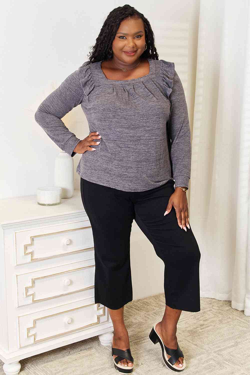 Double Take Square Neck Ruffle Shoulder Long Sleeve T - Shirt - Loulou Boutique