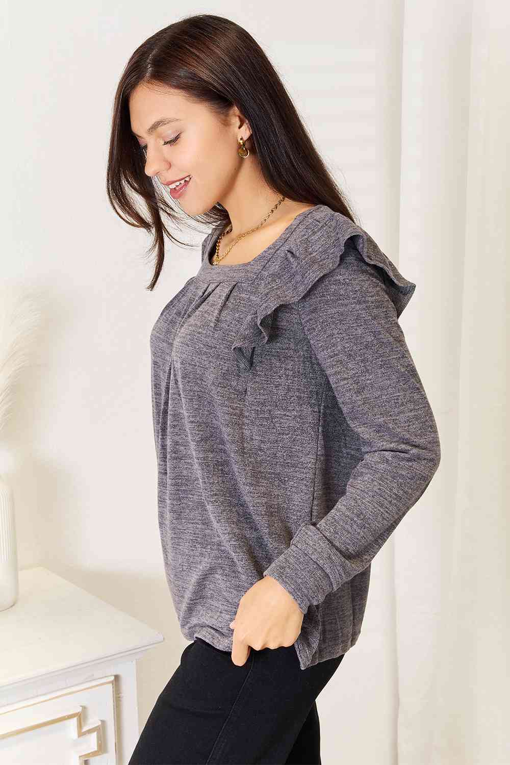 Double Take Square Neck Ruffle Shoulder Long Sleeve T - Shirt - Loulou Boutique
