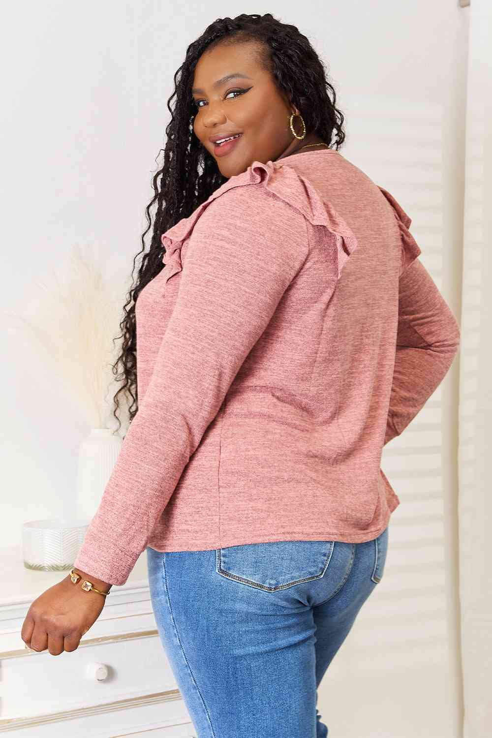 Double Take Square Neck Ruffle Shoulder Long Sleeve T - Shirt - Loulou Boutique