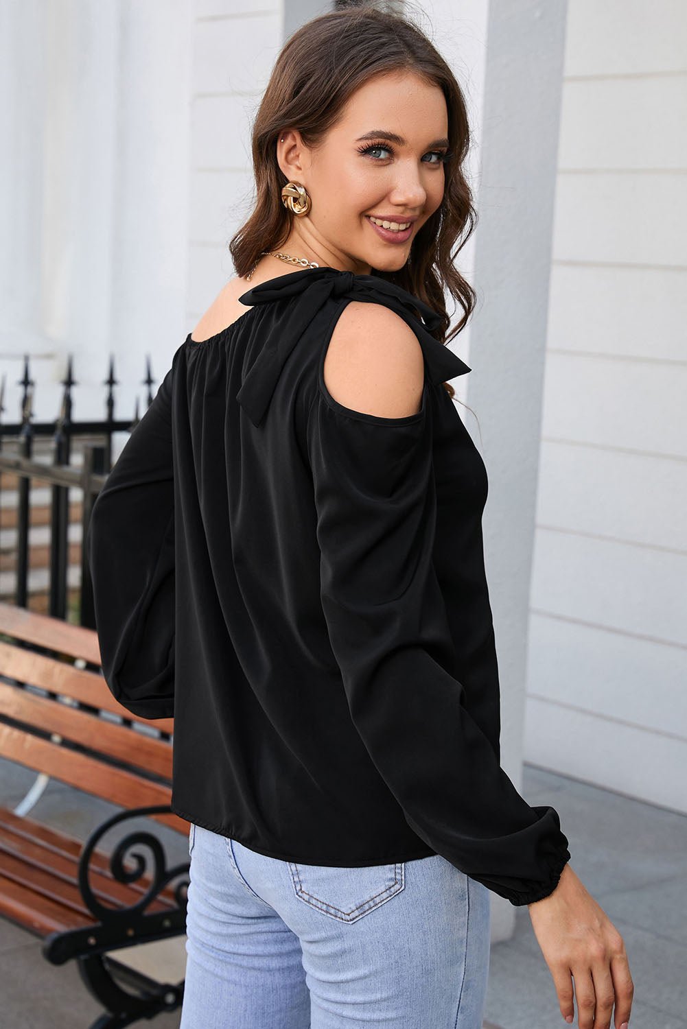 Double Take Tied Asymmetrical Neck Cold - Shoulder Blouse - Loulou Boutique