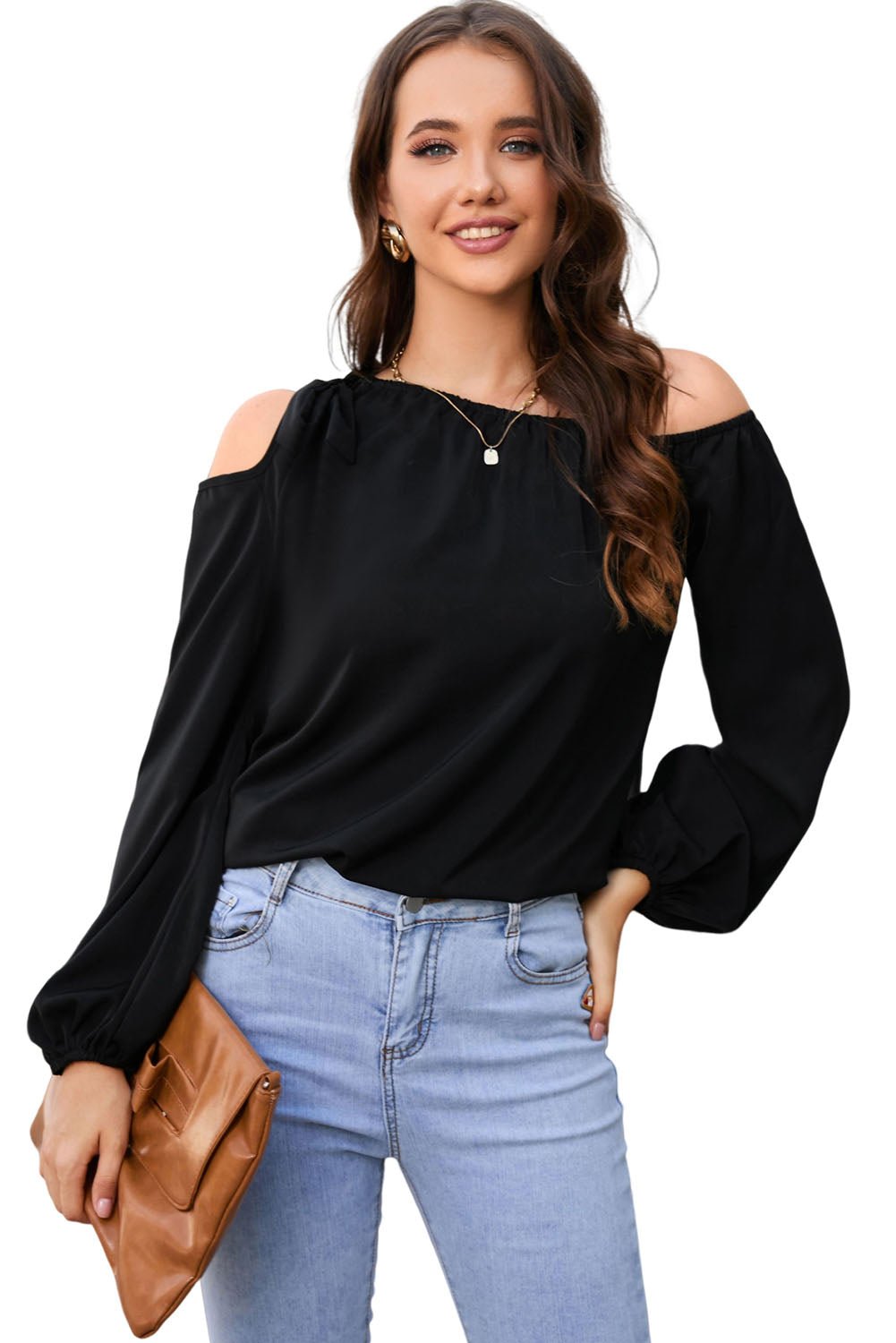 Double Take Tied Asymmetrical Neck Cold - Shoulder Blouse - Loulou Boutique